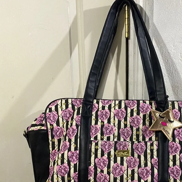 COPY - Betsy Johnson quilted black and white stripes with Purple Hearts weekend… Travel Bags